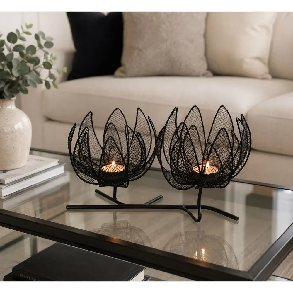 Black Metal Wire Lotus Flower Double Tealight Candle Holder – Centerpiece